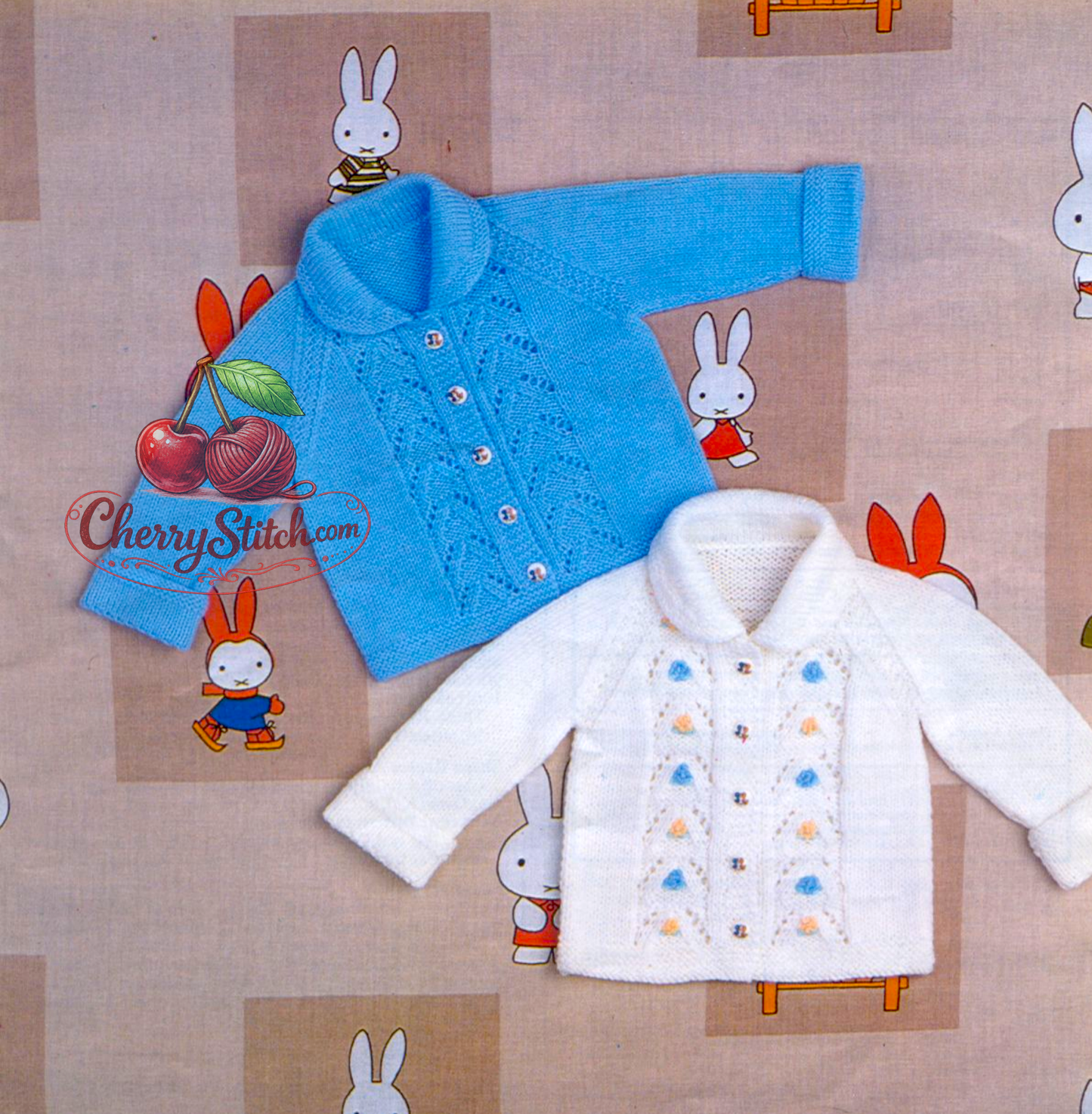 Vintage 1980s baby raglan jacket knitting pattern – lacy front panels and rounded collar in DK and 4-ply