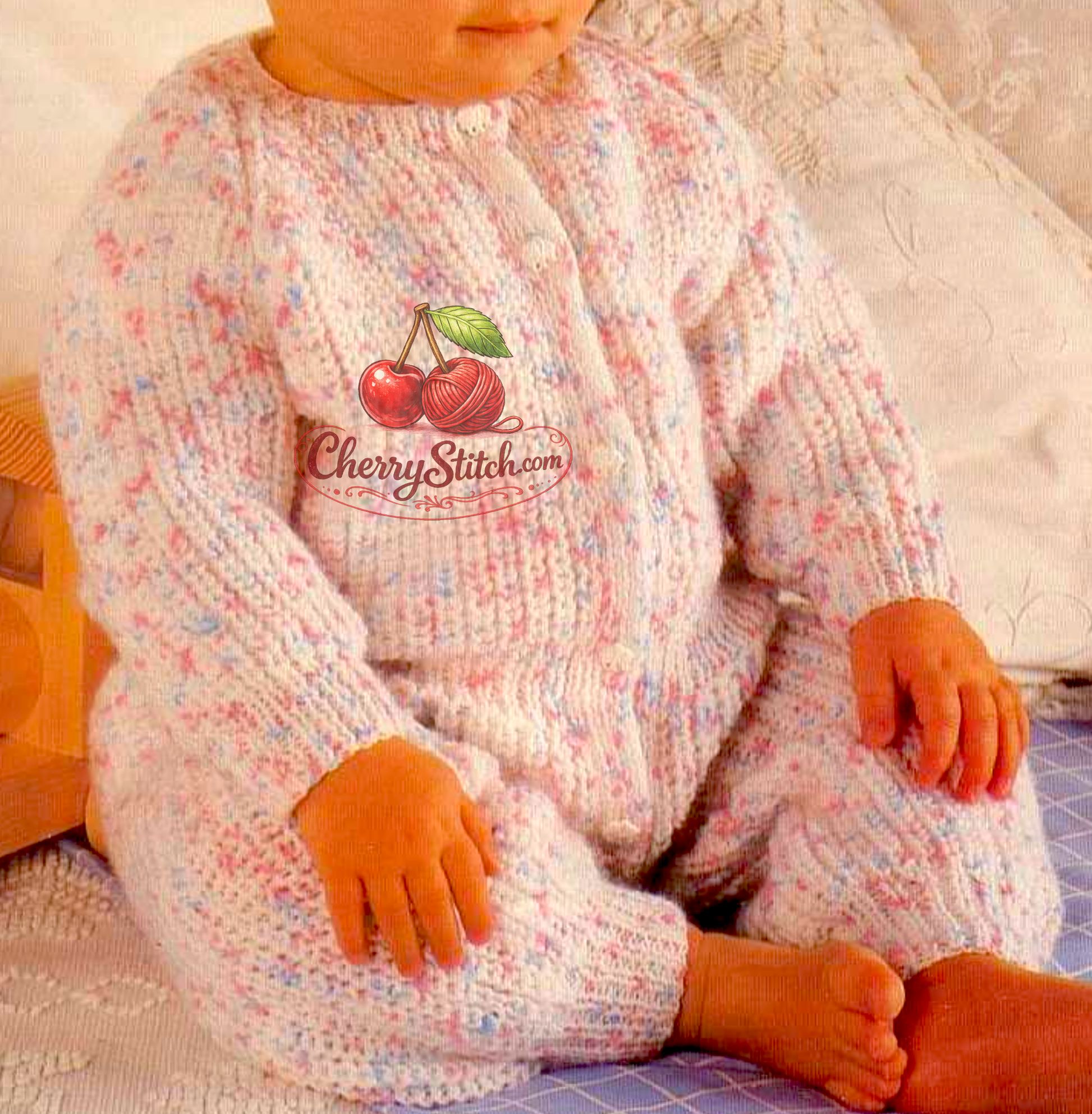 Close-up of knit-one-below texture – restored vintage 1980s baby jumpsuit romper knitting pattern in DK