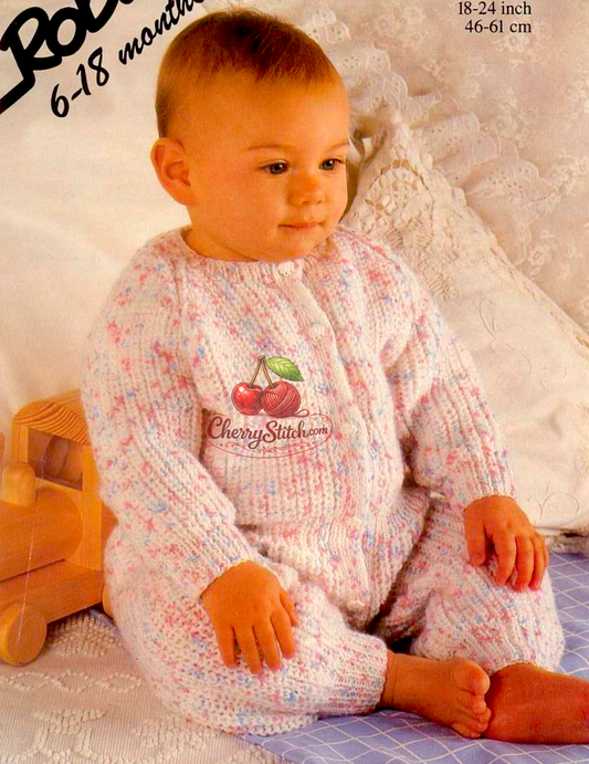 Vintage 1980s baby jumpsuit romper knitting pattern – all-in-one, knit-one-below, DK, 4 sizes 18''–24''