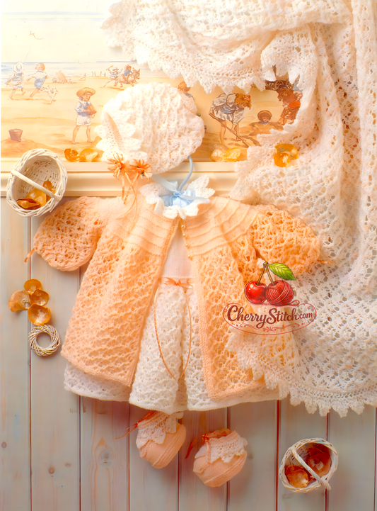 Baby 5-piece lace layette – restored vintage 1980s knitting pattern, infant gown, matinee coat, bonnet, bootees and shawl, eyelet lace, 4-ply, 14''–20'', premature–12 months