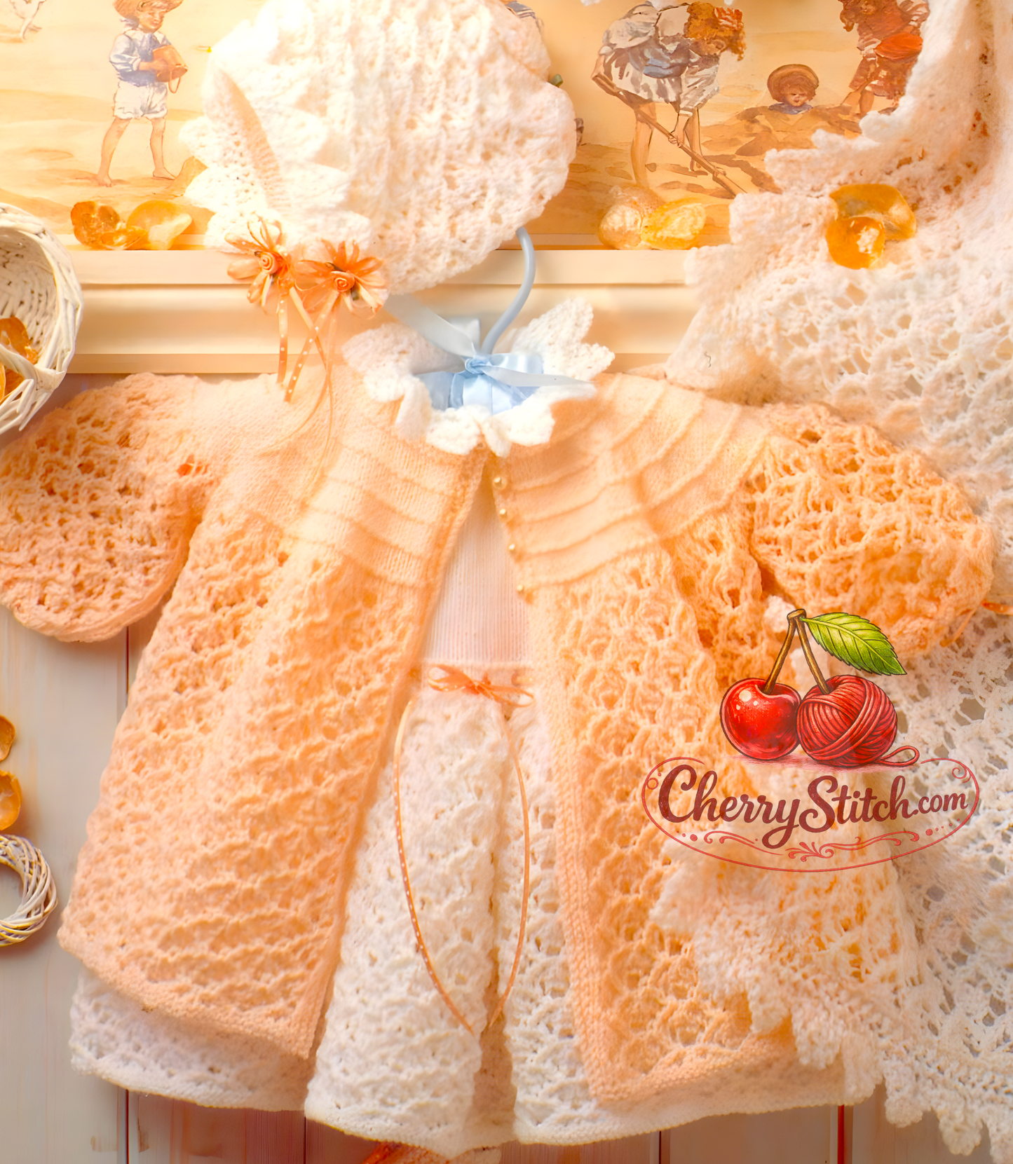 Close-up of baby lace infant gown and matinee coat with eyelet lace panels – restored vintage 1980s 5-piece layette knitting pattern in 4-ply