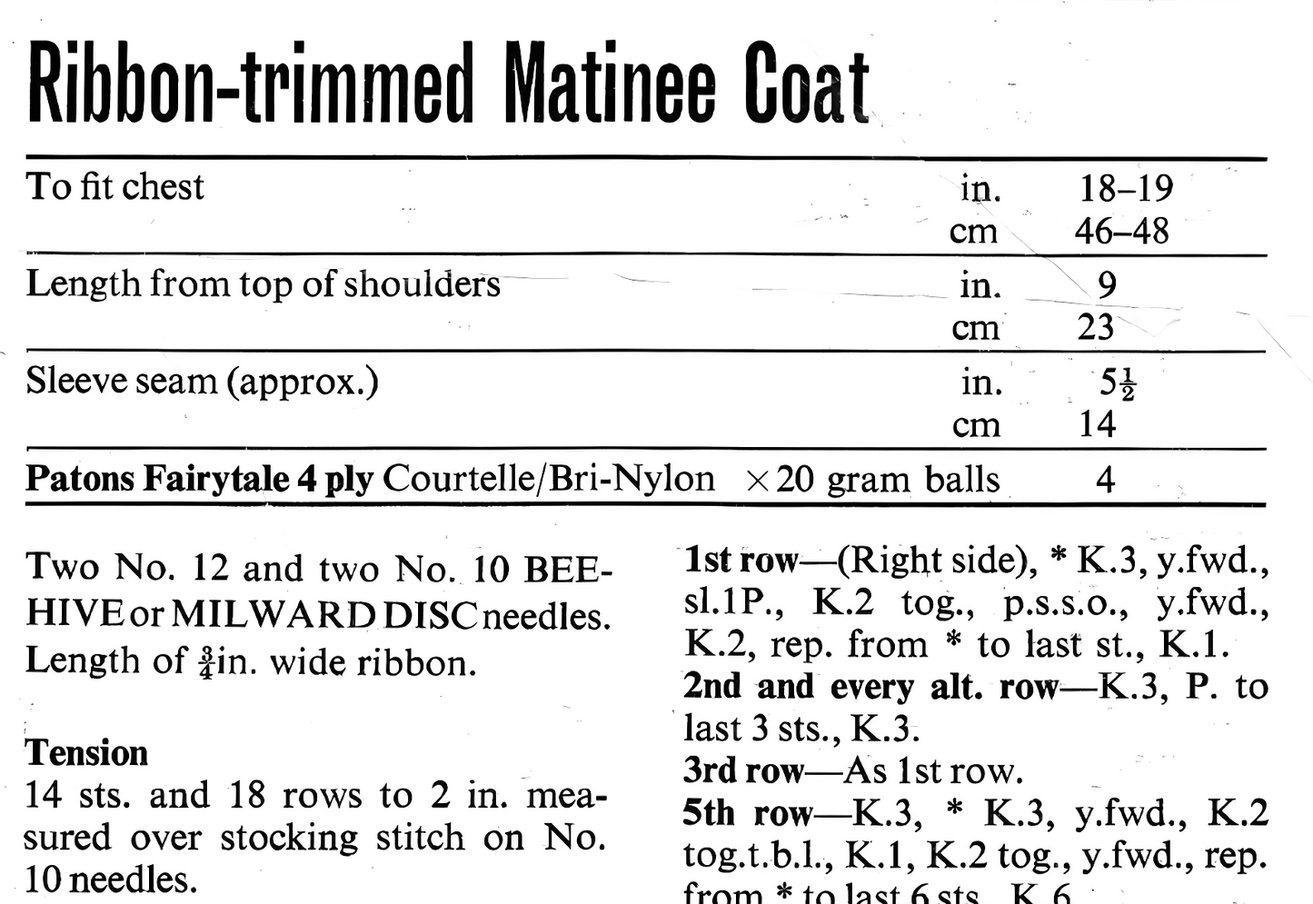 Materials, yarn requirements and measurements for vintage 1970s baby lacy ribbon-trimmed matinee coat knitting pattern in 4-ply