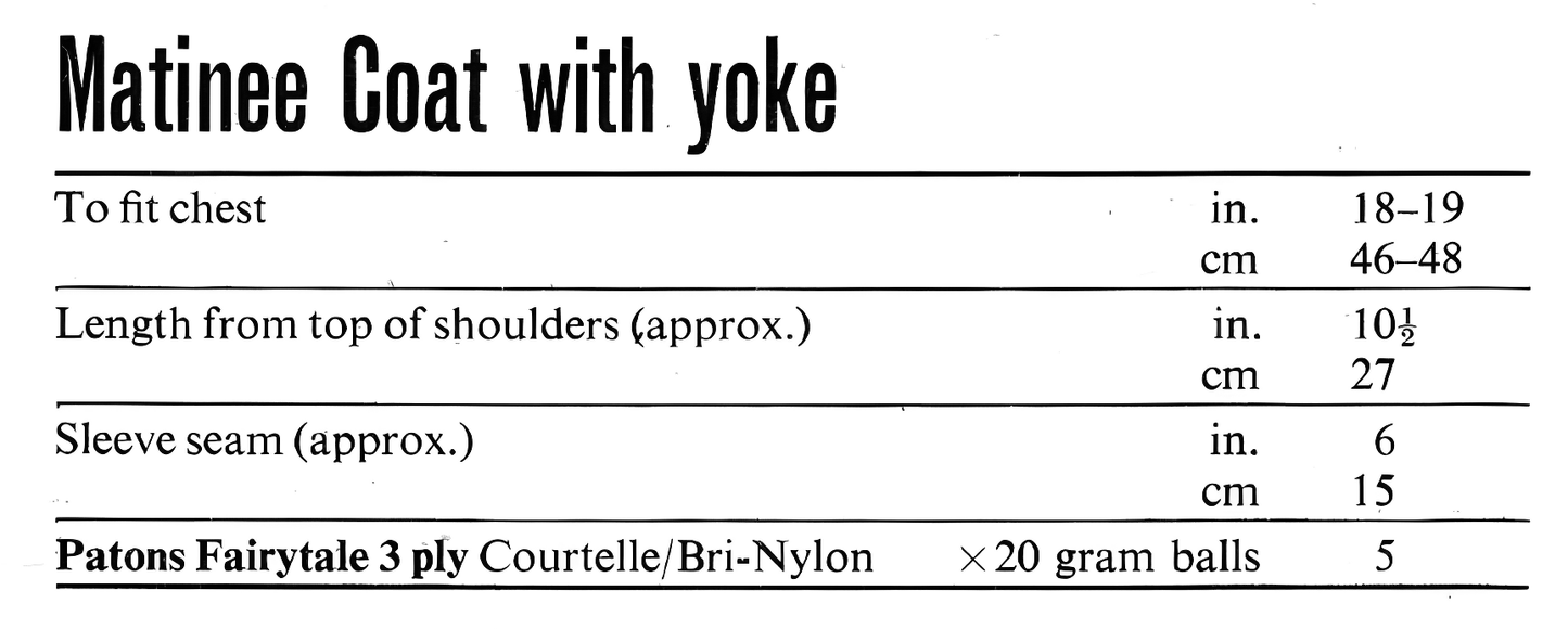 Materials, yarn requirements and measurements for vintage 1970s baby lacy yoke matinee coat knitting pattern in 3-ply