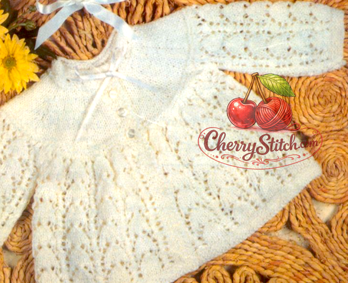 Close-up of horseshoe lace stitch and yoke detail – restored vintage 1970s baby matinee coat cardigan knitting pattern