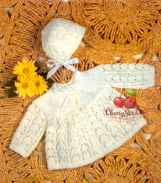 Vintage 1970s baby lacy yoked matinee coat cardigan and bonnet set knitting pattern – horseshoe lace, DK, 3 sizes 17''–19''