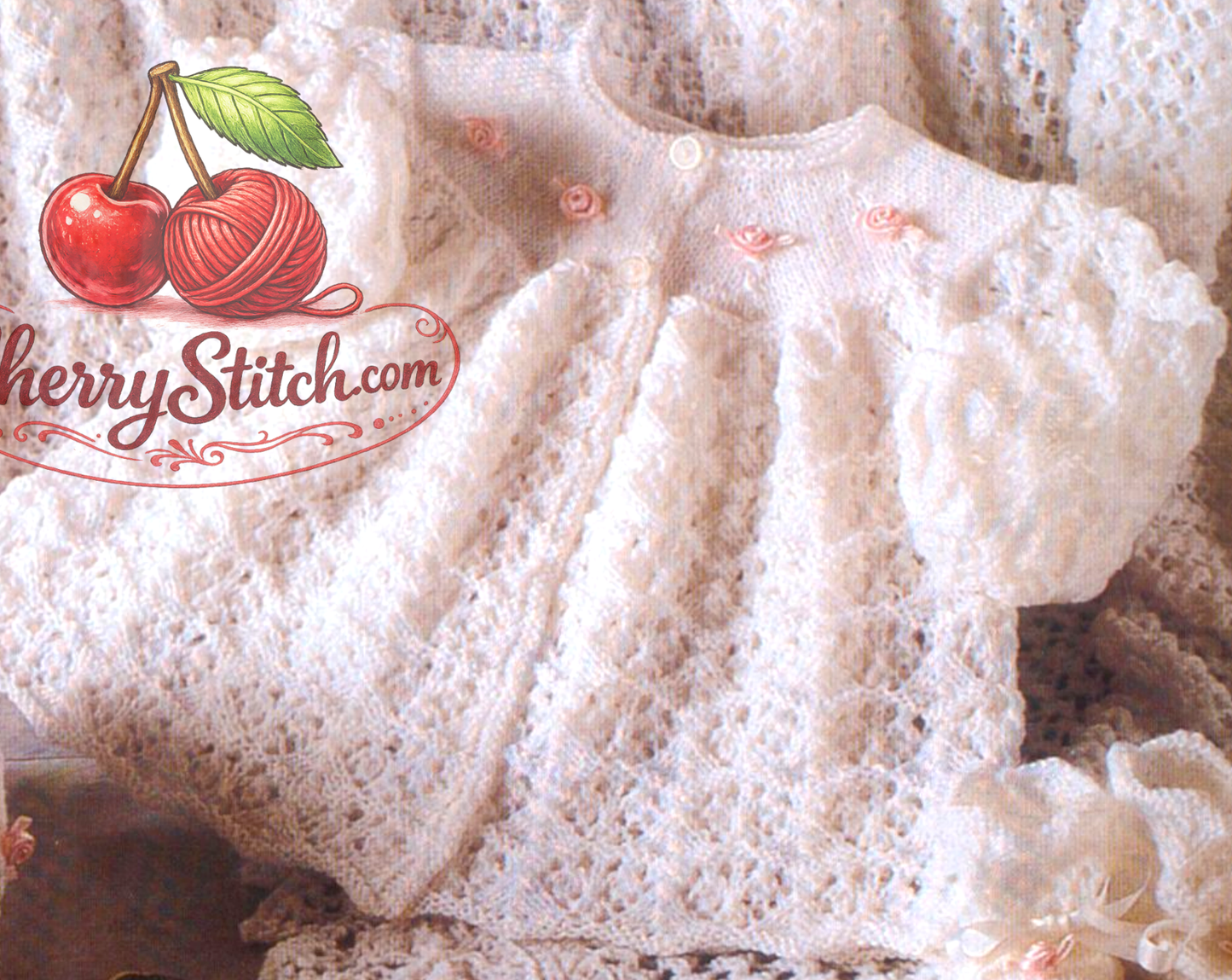 Close-up of knitted baby matinee coat – restored vintage 1980s lacy layette knitting pattern in 3-ply