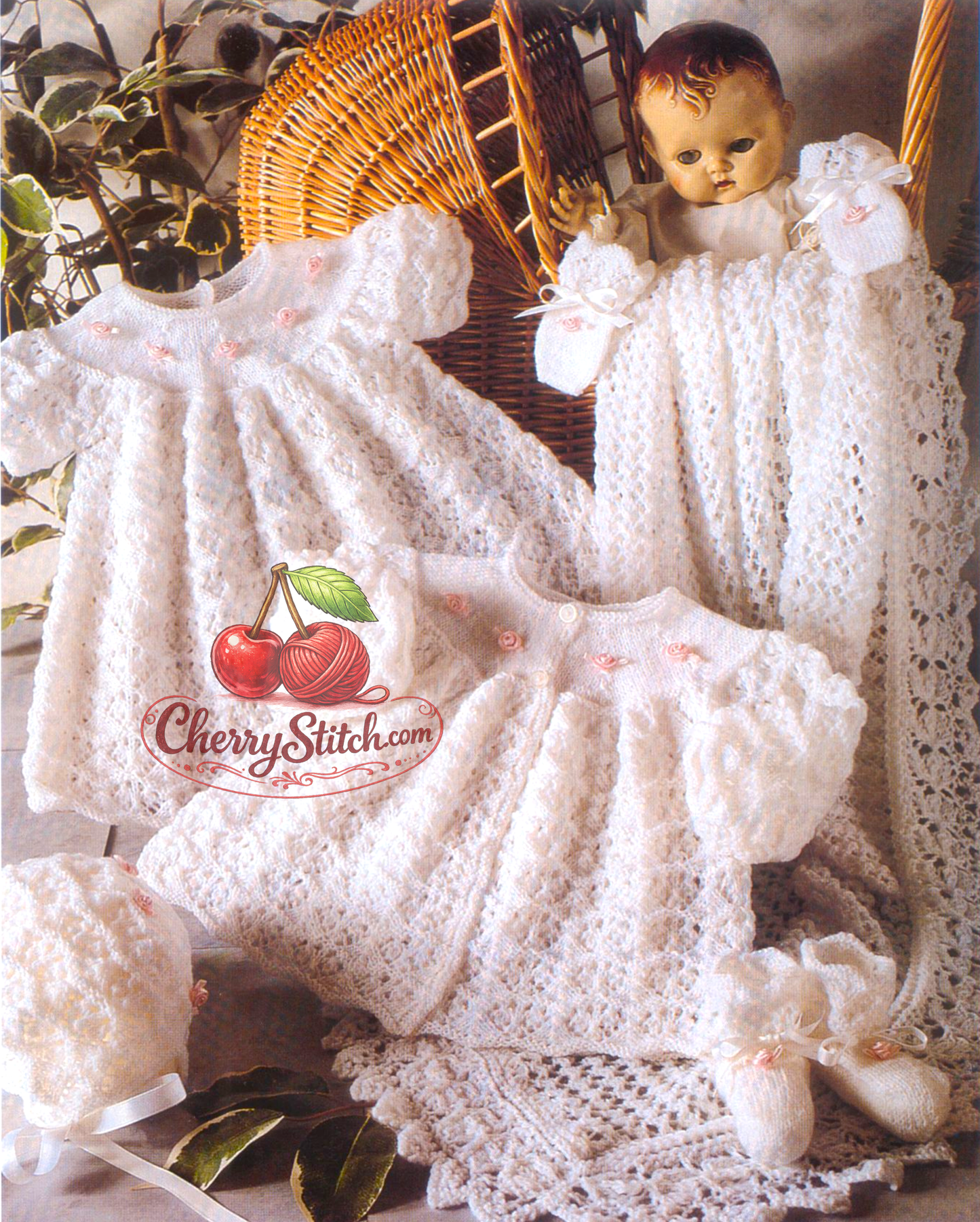 Vintage 1980s baby layette knitting pattern – matinee coat, dress, bonnet, bootees, mitts and shawl in 3-ply