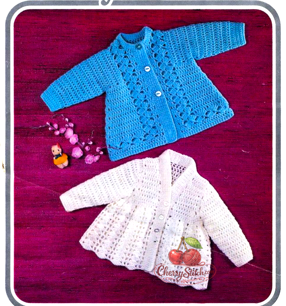 A cover art for a restored vintage 1980s baby matinee coats crochet pattern — V neck and round neck versions, sizes 18–19 inch chest
