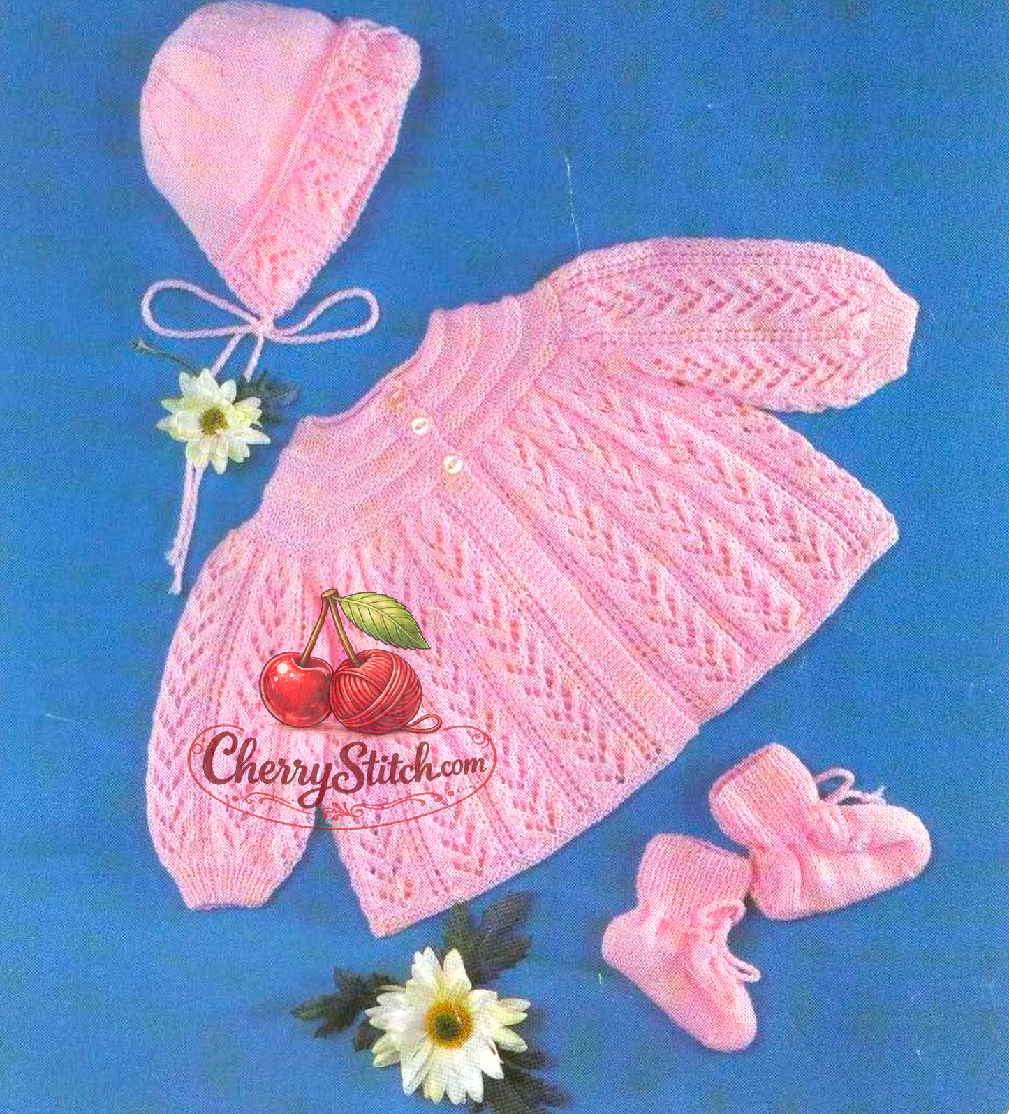 Vintage 1970s baby pink lacy matinee coat, bonnet and bootees knitting pattern – 2 sizes, 6-9 months, 3-ply