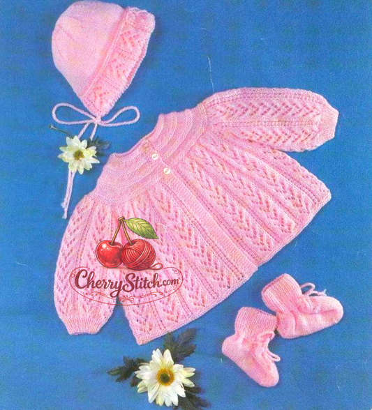 Vintage 1970s baby pink lacy matinee coat, bonnet and bootees knitting pattern – 2 sizes, 6-9 months, 3-ply