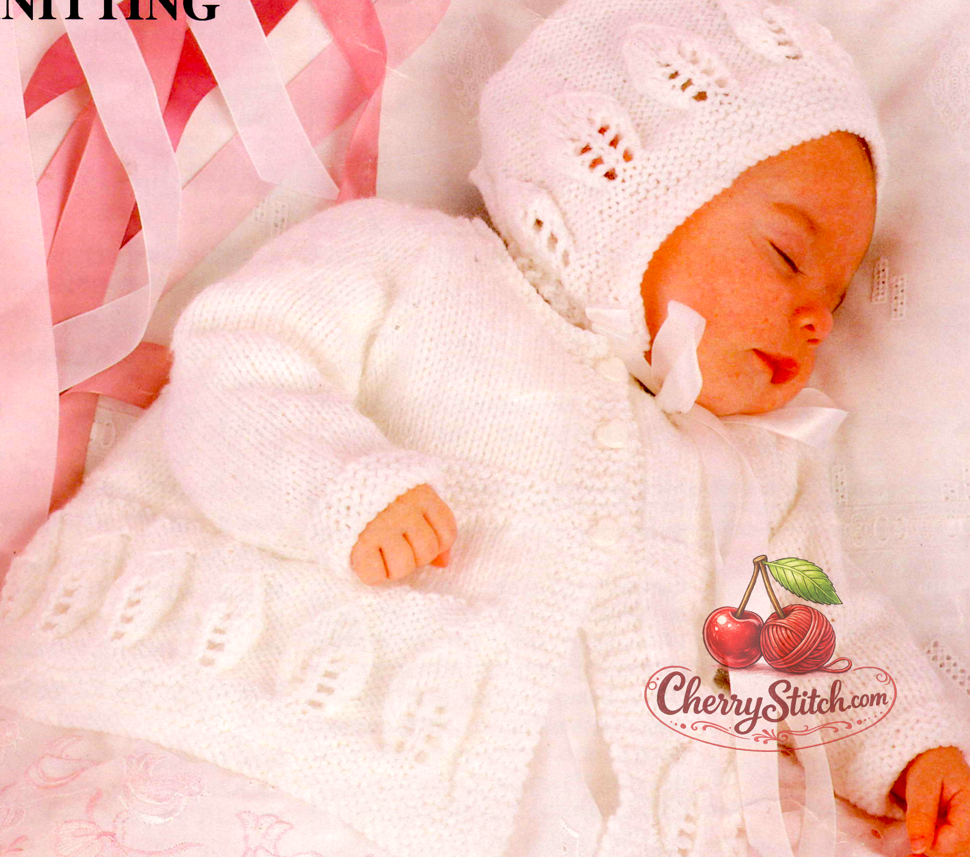 Close-up of baby matinee coat and bonnet leaf lace detail – vintage 1980s knitting pattern DK