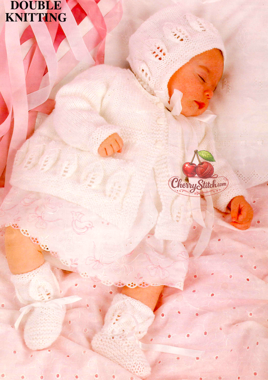 Baby matinee coat, bonnet and bootees vintage knitting pattern 1980s – leaf lace DK 2 sizes