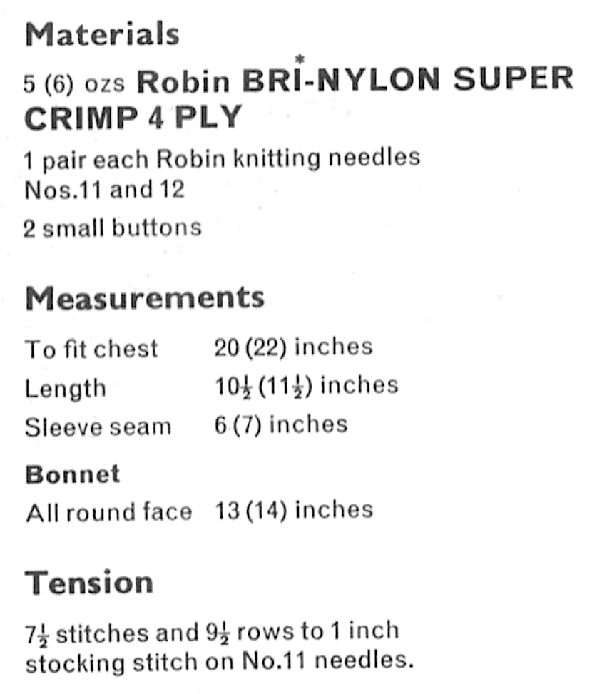 Materials, tension and yarn requirements for vintage 1960s baby matinee coat and bonnet set knitting pattern – garter stitch yoke, stocking stitch body, 4-ply, 20''–22'', 12–24 months