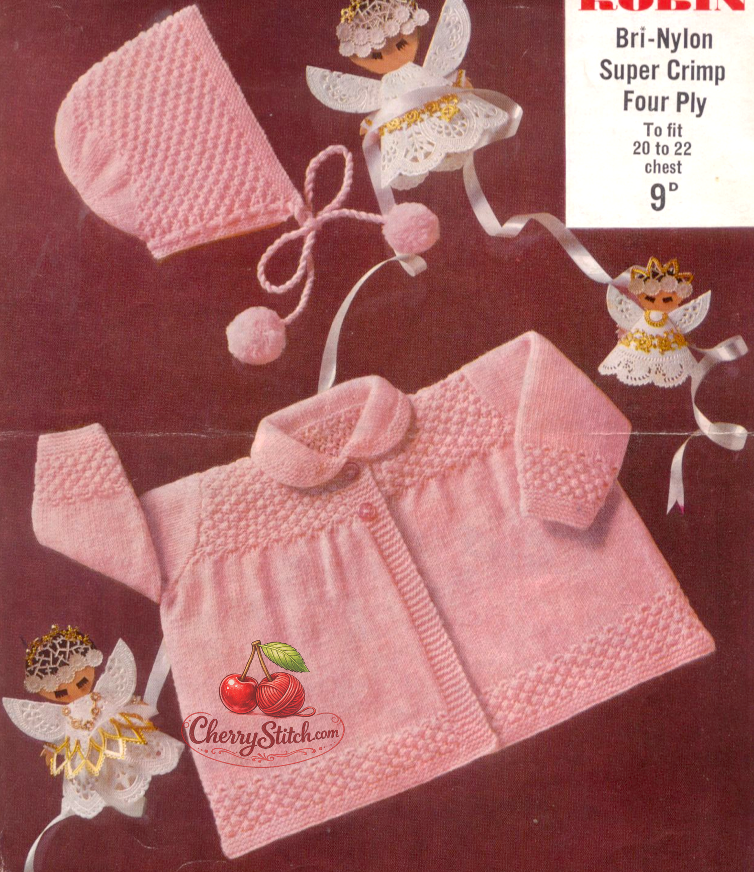 Baby matinee coat and bonnet set – restored vintage 1960s knitting pattern, round collar, garter stitch yoke, hem band and cuffs, stocking stitch body, pom-pom bonnet, 4-ply, 20''–22'', 12–24 months