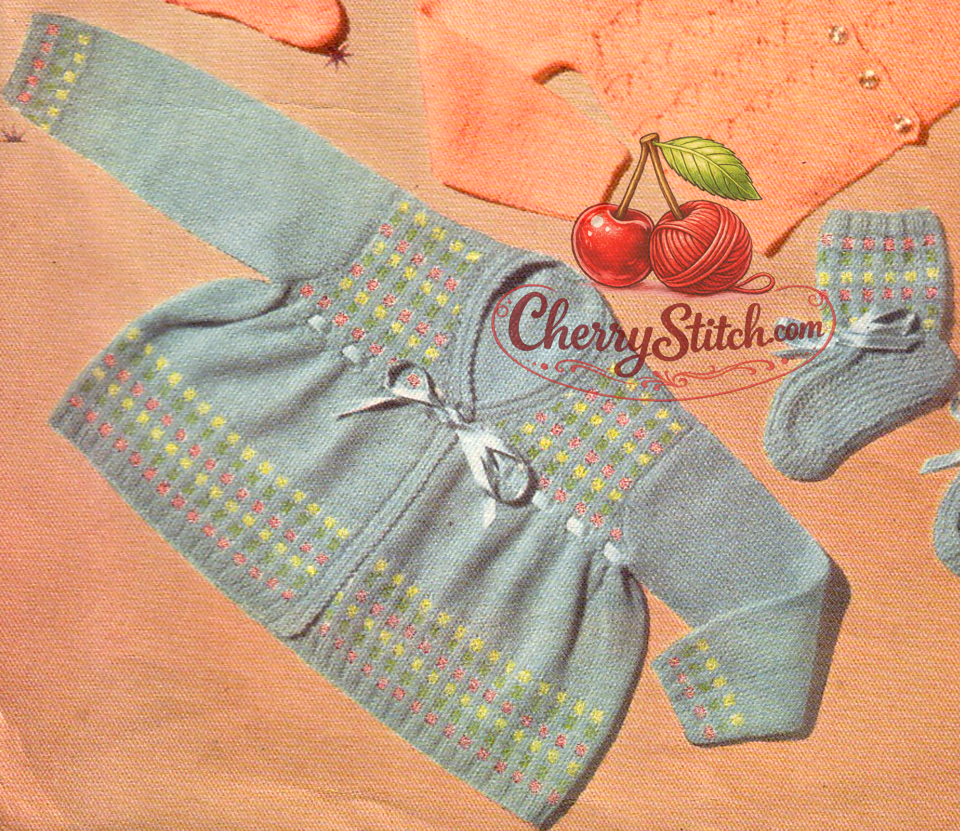 Close-up of Fair Isle detail on vintage 1950s Lavenda baby matinee coat and bootees knitting pattern