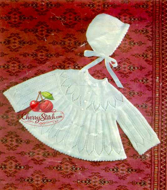 Baby matinee coat / cardigan and bonnet set – restored vintage 1970s knitting pattern, lacy yoke, vertical lace panels, picot edge hem, 4-ply, 17''–19'', 3–9 months