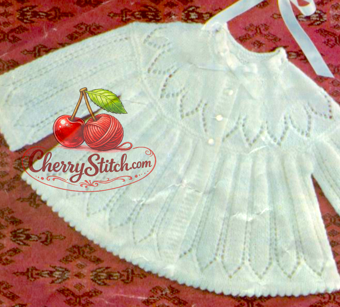 Close-up of lacy yoke, vertical lace panels and picot edge hem on baby matinee coat / cardigan – restored vintage 1970s knitting pattern in 4-ply
