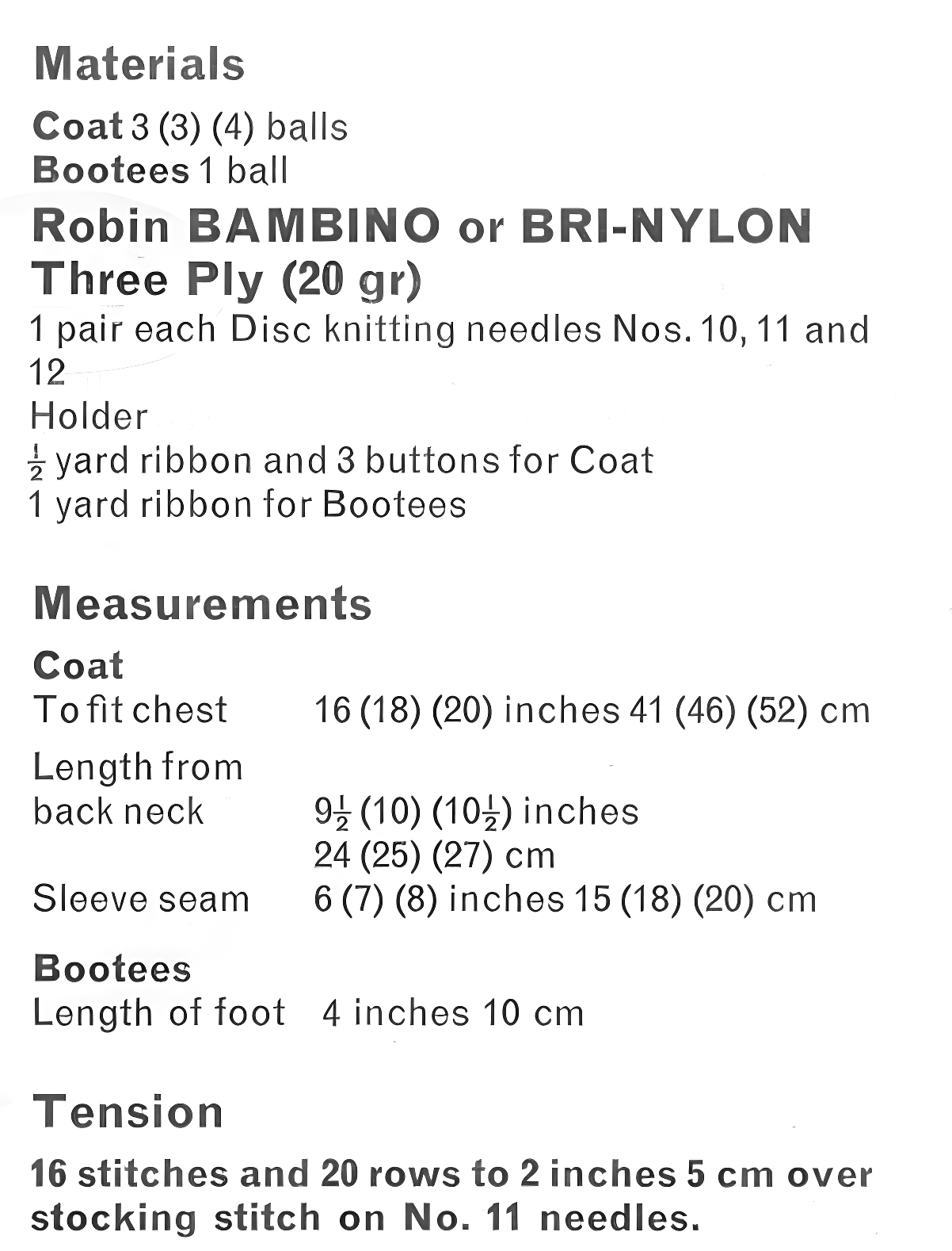 Materials and yarn requirements for vintage 1970s baby matinee coat / cardigan and bootees set knitting pattern – raglan, horseshoe lace yoke, 3-ply, 16''–20'', birth–12 months