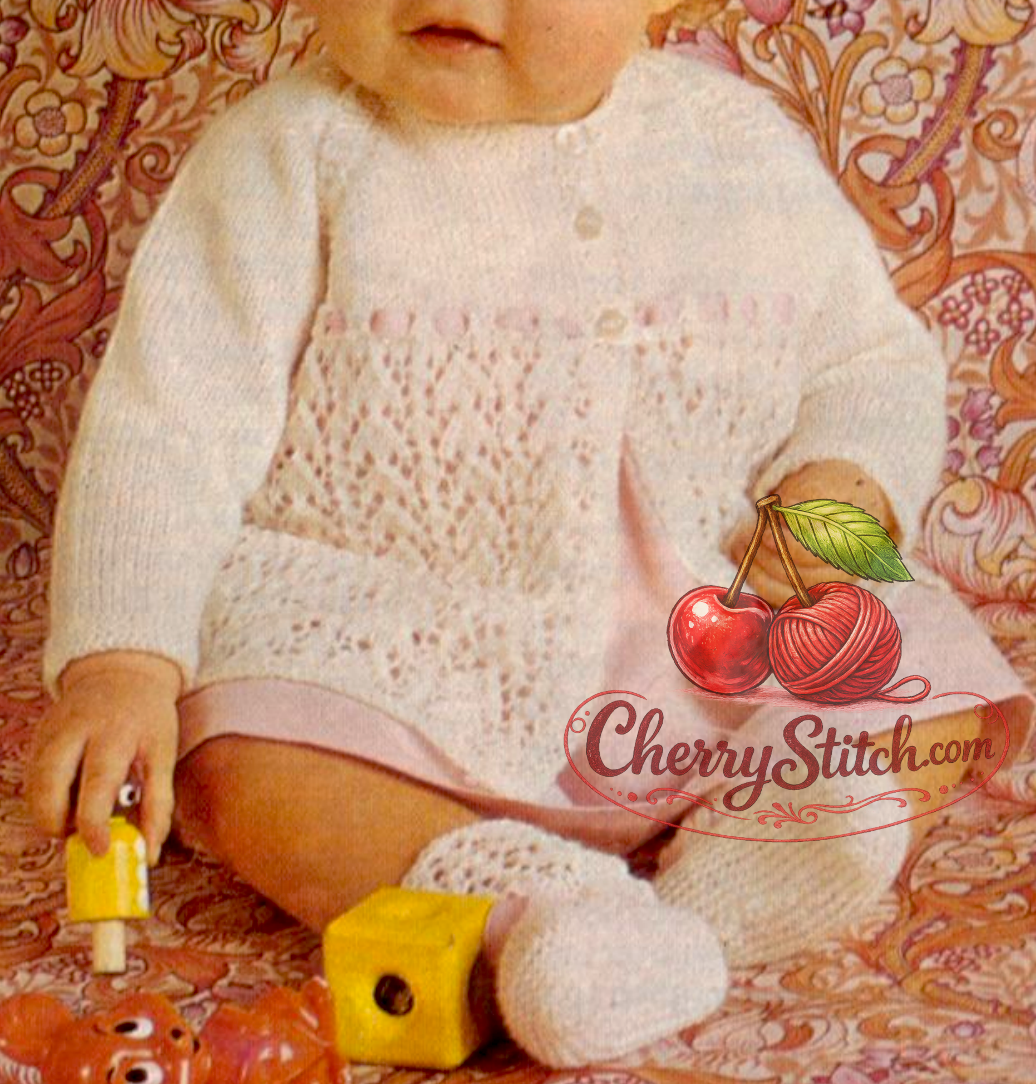 Close-up of horseshoe lace pattern flowing from mid-chest on baby matinee coat / cardigan – restored vintage 1970s knitting pattern in 3-ply