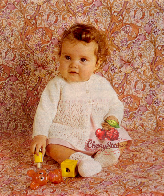 Baby matinee coat / cardigan and bootees set – restored vintage 1970s knitting pattern, raglan shaping, horseshoe lace yoke, one piece to armholes, 3-ply, 16''–20'', birth–12 months