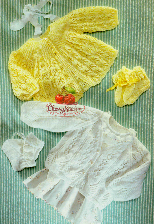 Baby matinee coat cardigan and bootees vintage knitting pattern 1990s – arrowhead lace two versions 3-ply