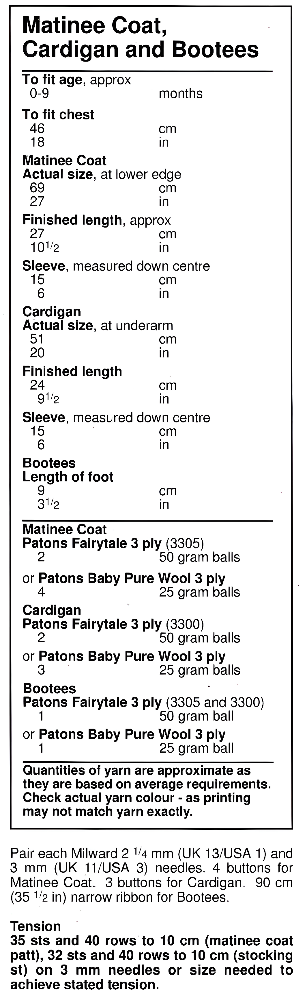 Materials and measurements for baby matinee coat cardigan and bootees vintage 1990s knitting pattern – 3-ply, 0–9 months, 18 inches