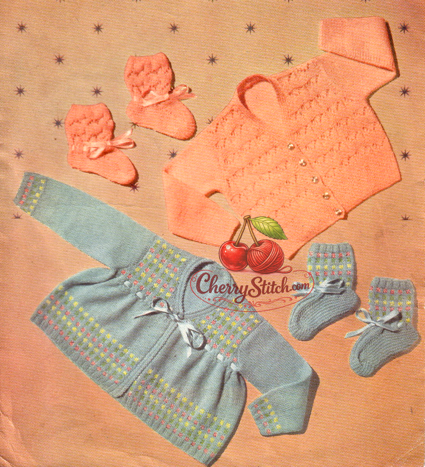 Baby matinee coat, cardigan and bootees – restored vintage 1950s Lavenda knitting pattern with Fair Isle and lacy front designs in 3-ply