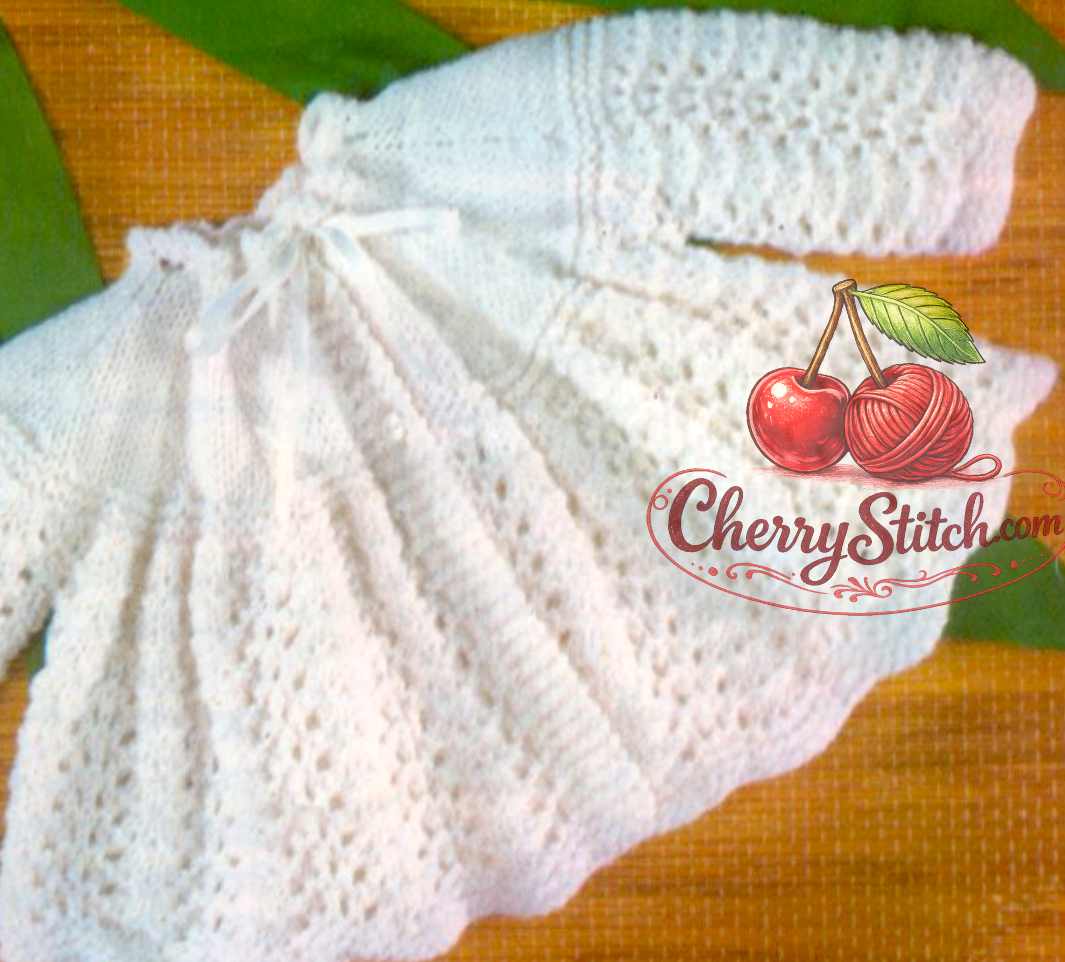 Close-up of Feather and Fan lace stitch detail – restored vintage 1970s Robin baby matinee coat cardigan knitting pattern