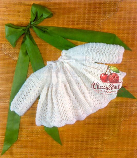 Vintage 1970s Robin baby matinee coat cardigan knitting pattern – Feather and Fan lace, DK, 19''–20''