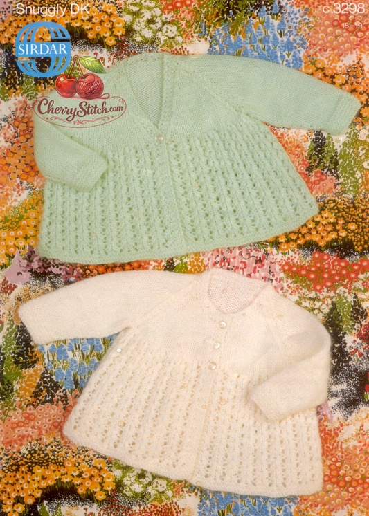 Vintage 1970s baby matinee coat knitting pattern – 2 versions round neck and V-neck, lace skirt, raglan sleeves, DK, 2 sizes 18''–19''