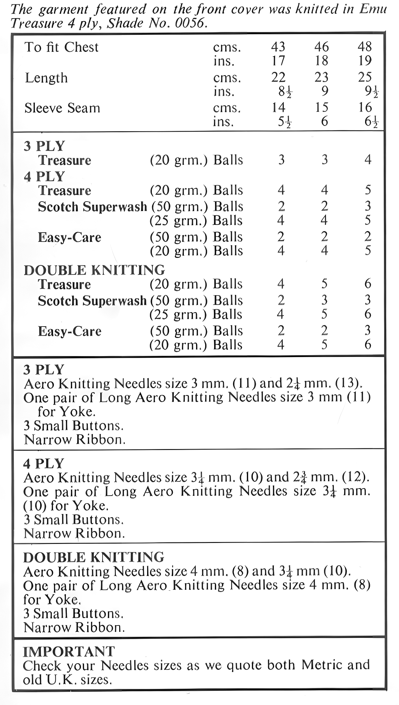 Materials, yarn requirements and measurements for vintage 1980s baby matinee coat knitting pattern