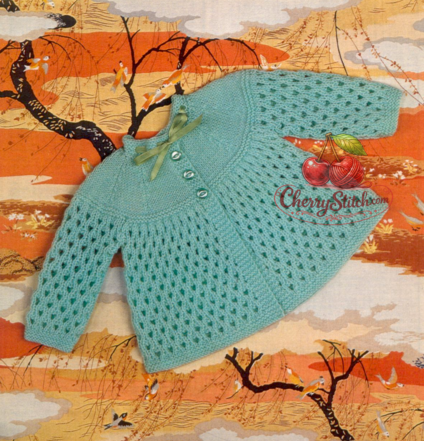Vintage 1980s baby matinee coat knitting pattern – lacy yoke, body and sleeves in 3-Ply, 4-Ply and DK