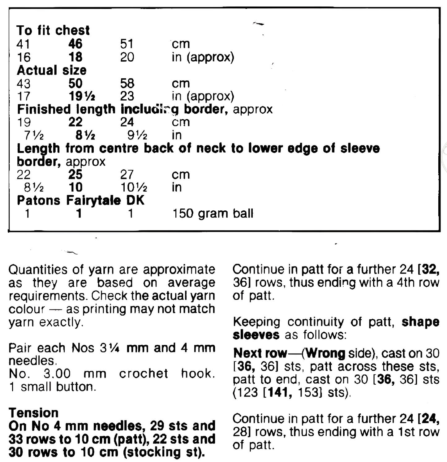 Materials and measurements for baby matinee coat vintage 1980s knitting pattern – DK, birth to 12 months