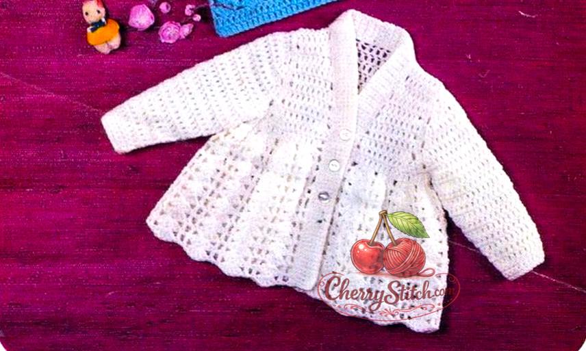Close-up of white baby matinee coat with V-neck from vintage 1980s crochet pattern, showing treble crochet and shell stitch in more detail