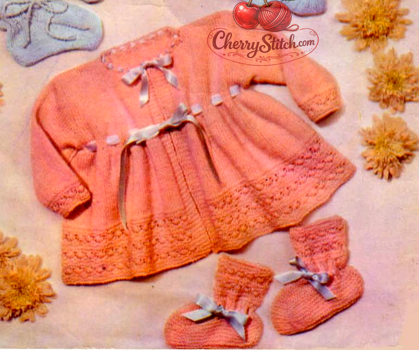 Close-up of lacy border detail on vintage 1960s baby matinee coat and bootees knitting pattern