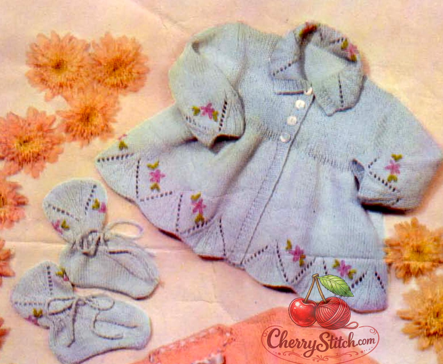 Close-up of scalloped hem detail on vintage 1960s baby matinee coat and bootees knitting pattern