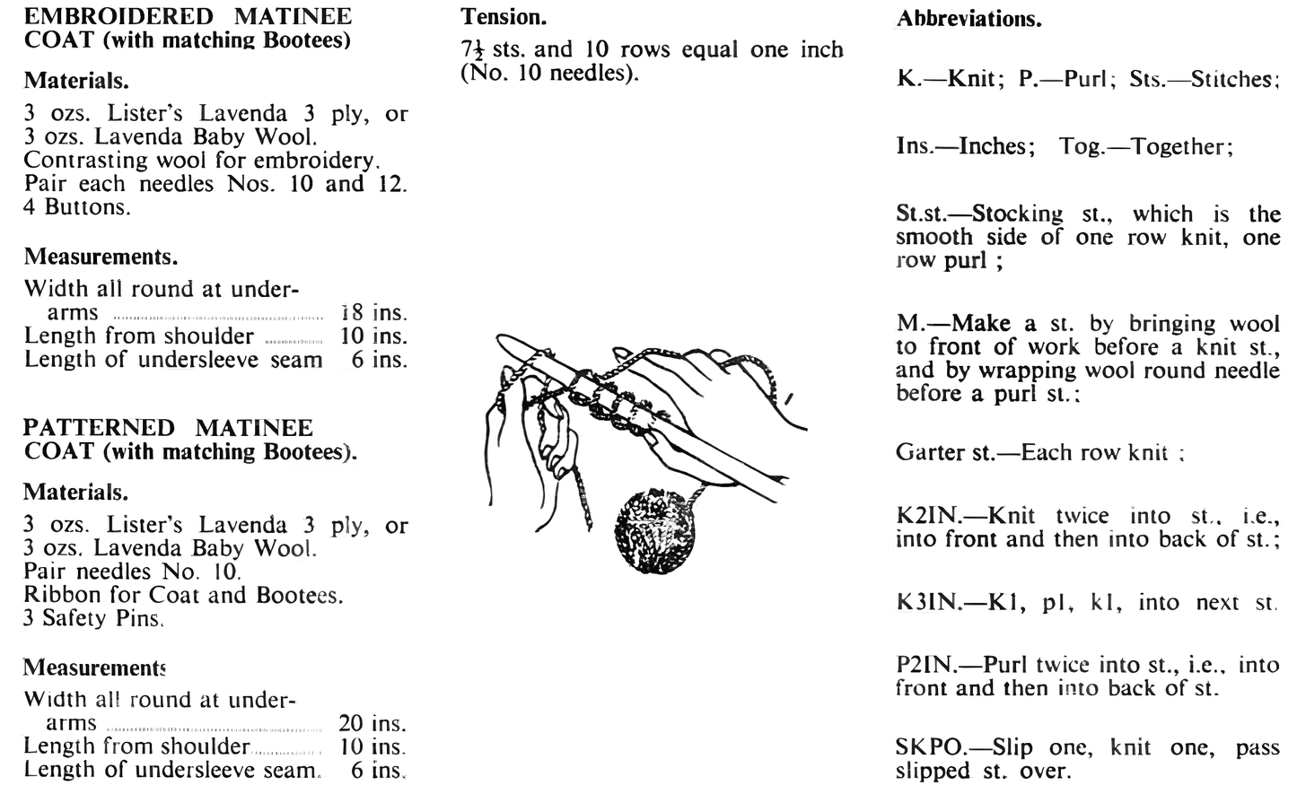Materials, tension, yarn requirements and measurements for vintage 1960s baby matinee coats and bootees knitting pattern