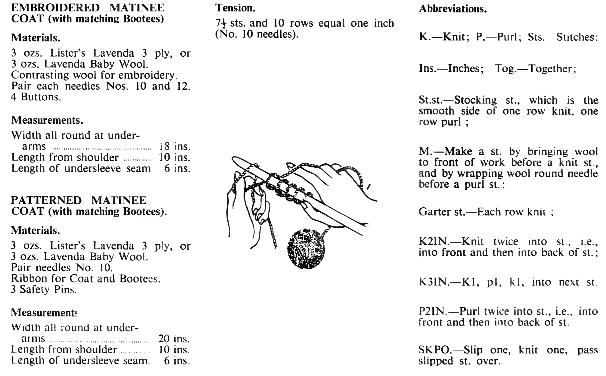 Materials, tension, yarn requirements and measurements for vintage 1960s baby matinee coats and bootees knitting pattern