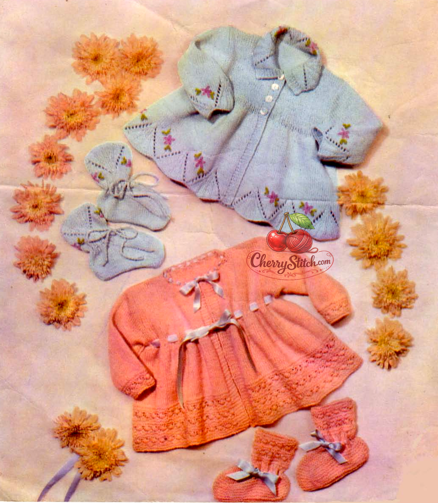 Baby matinee coats and bootees – restored vintage 1960s knitting pattern with scalloped hem and lacy border designs in 3-ply
