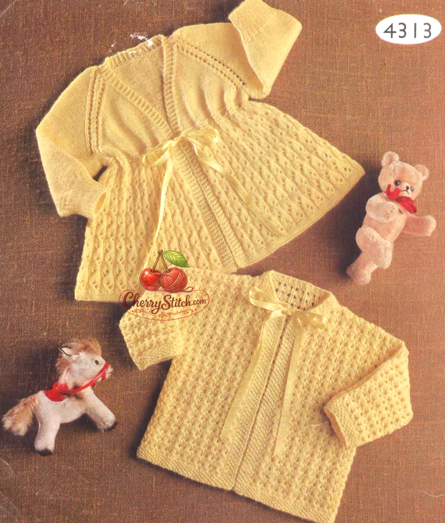 Baby matinee coats – restored vintage 1960s knitting pattern with V-neck and round neck designs in 3-ply, sizes 18''–21''