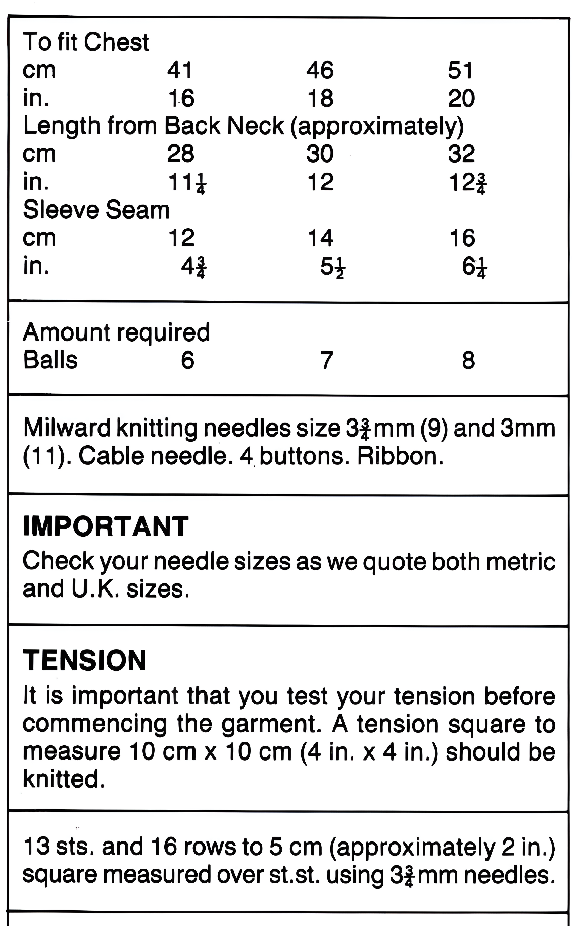 Materials, yarn requirements and measurements for vintage 1970s baby cable matinee jacket cardigan knitting pattern in DK