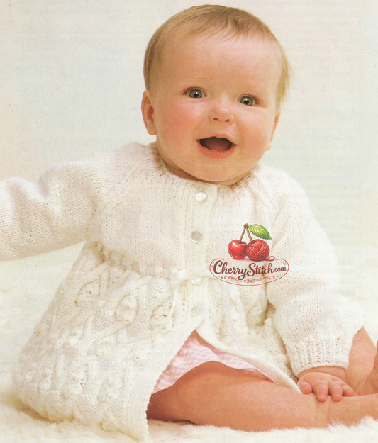 Vintage 1970s baby matinee jacket cardigan knitting pattern – intricate cable skirt, raglan sleeves, DK, 3 sizes 16''–19''