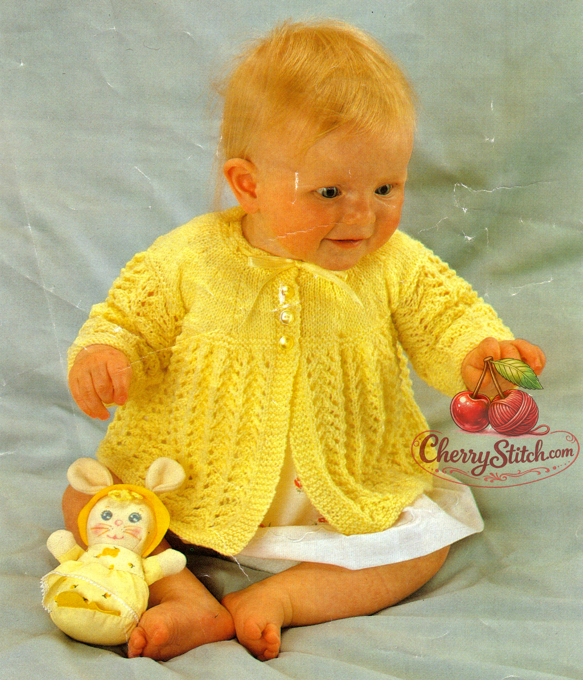 Vintage 1970s baby matinee jacket cardigan knitting pattern – lace skirt, stocking stitch yoke, 4-ply, 2 sizes 17''–18''
