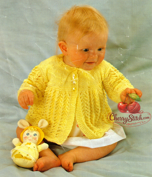 Vintage 1970s baby matinee jacket cardigan knitting pattern – lace skirt, stocking stitch yoke, 4-ply, 2 sizes 17''–18''