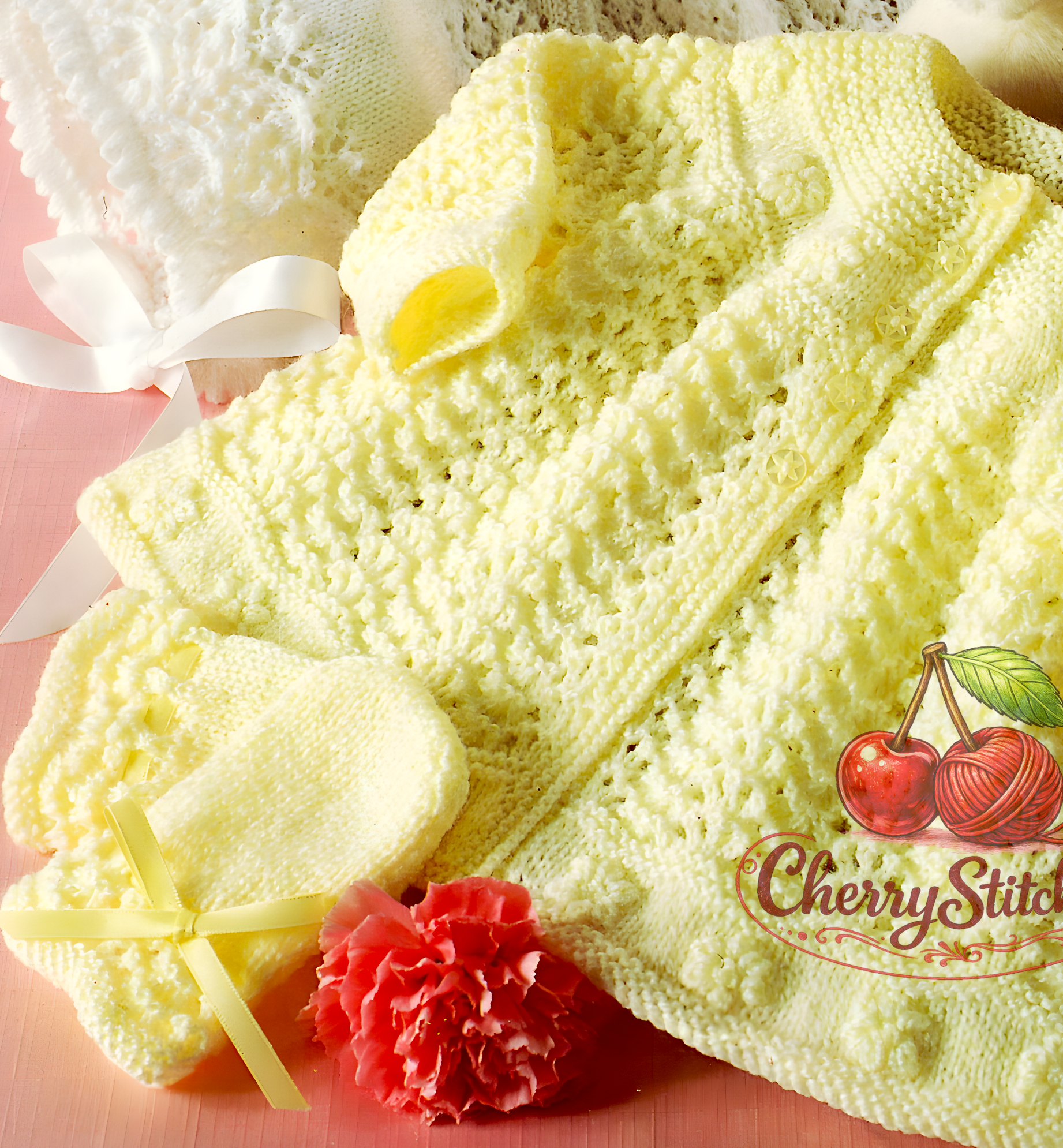 Close-up of yellow knitted baby matinee jacket and mitts in lace stitch – restored vintage 1990s pattern in 4-ply