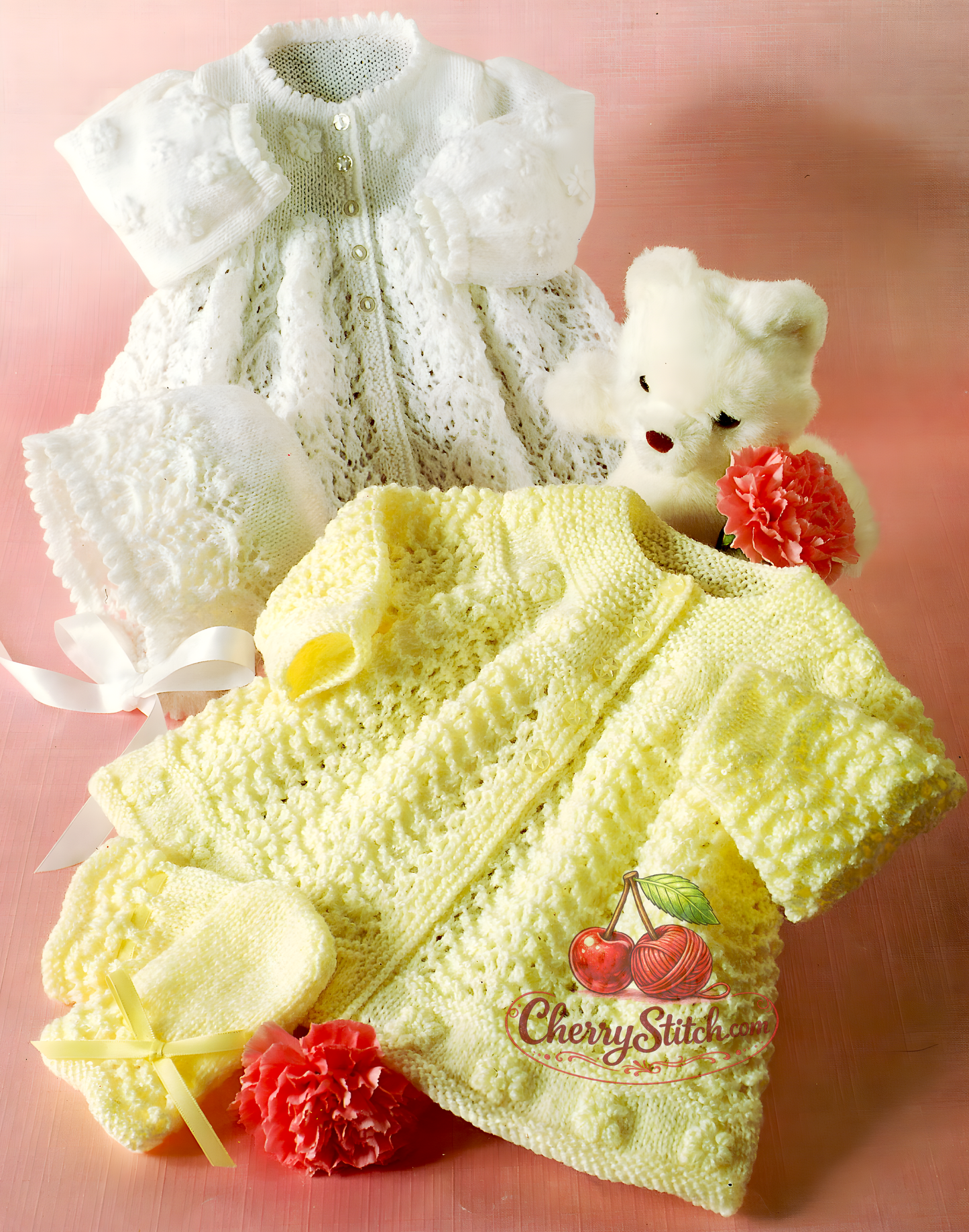 Vintage 1990s baby matinee jackets, bonnet and mitts knitting pattern – 2 lace sets in 3-ply and 4-ply