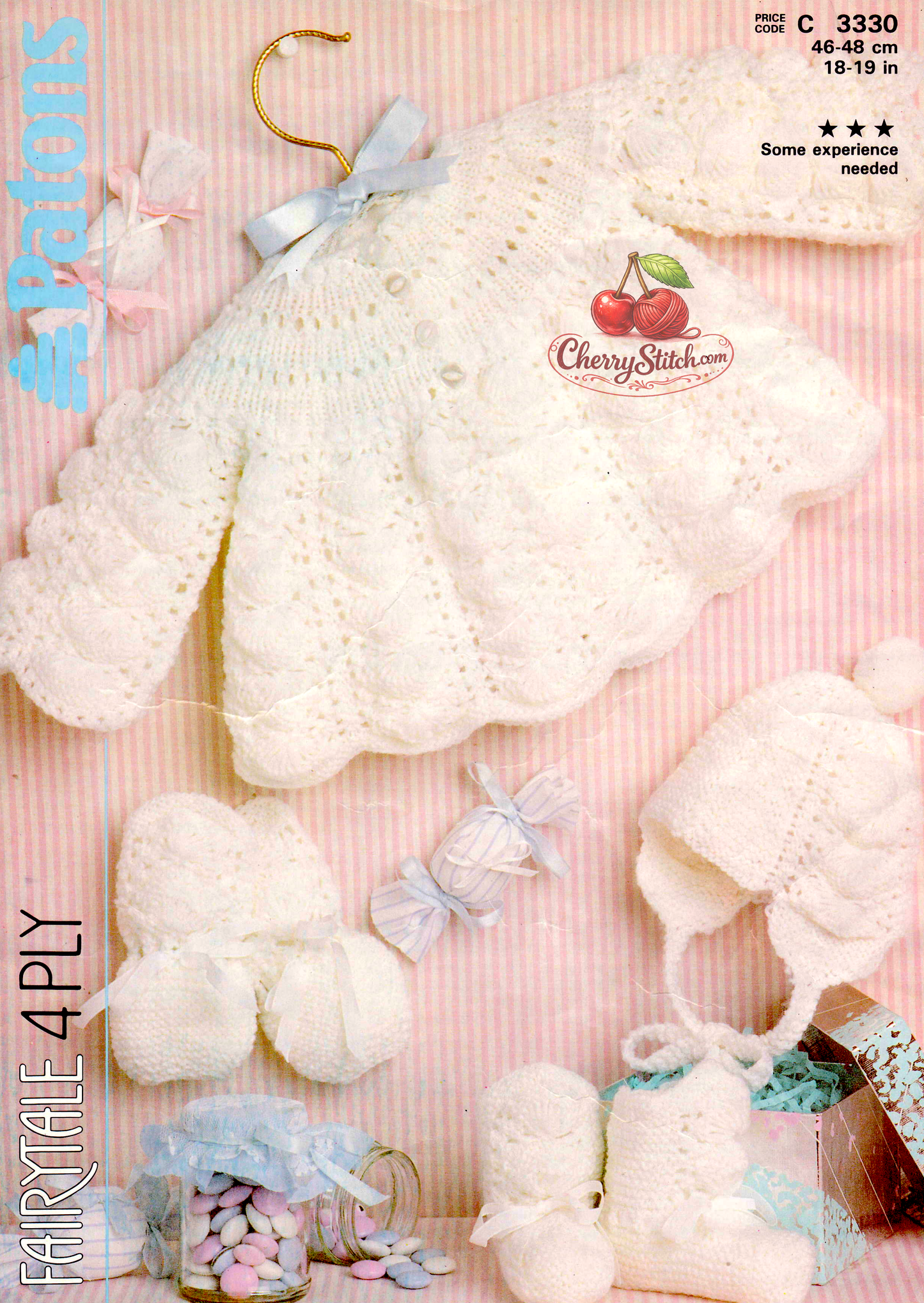 Baby matinee set vintage knitting pattern 1980s – jacket, hat, mitts and bootees