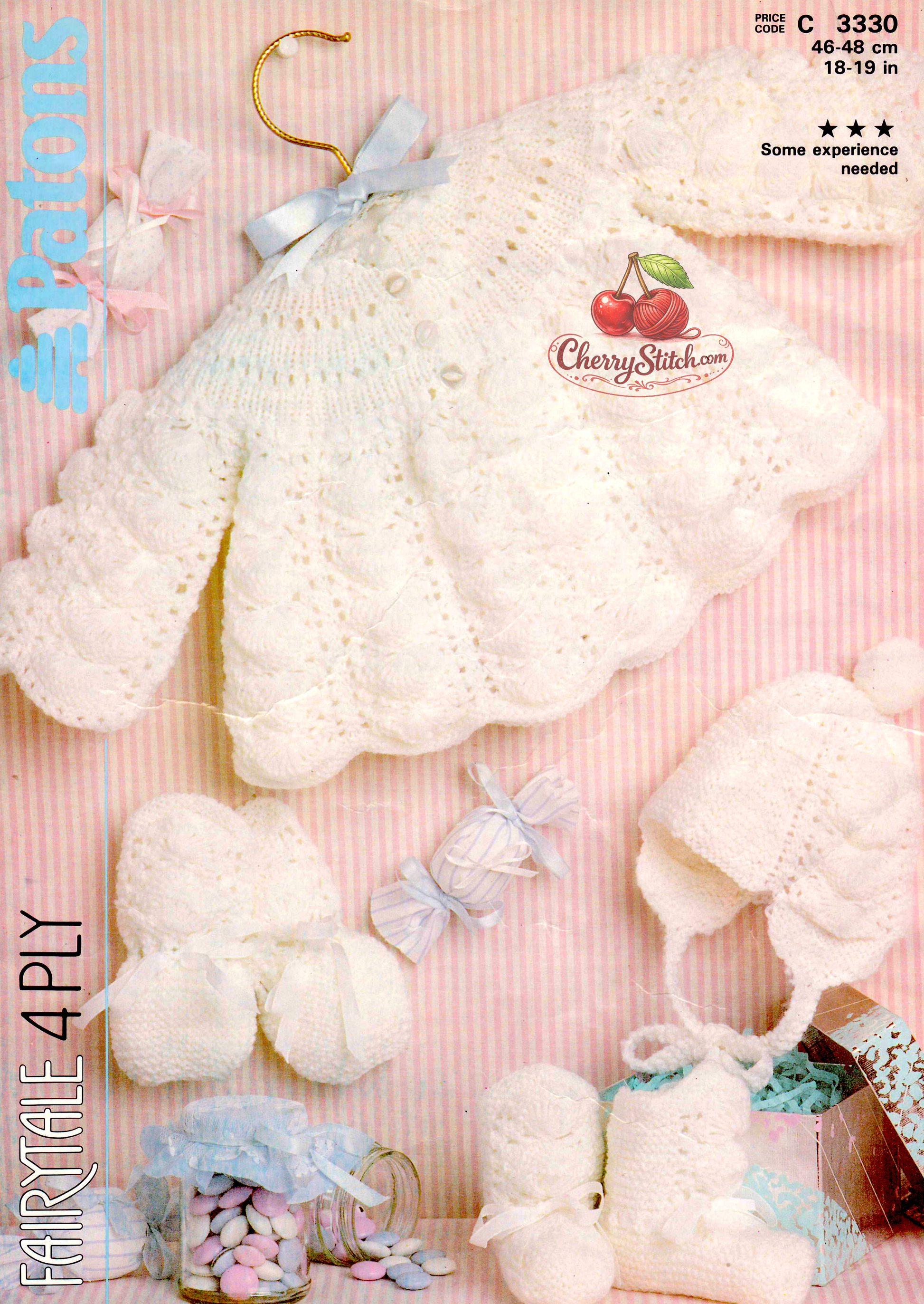 Baby matinee set vintage knitting pattern 1980s – jacket, hat, mitts and bootees