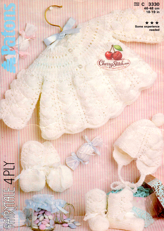 Baby matinee set vintage knitting pattern 1980s – jacket, hat, mitts and bootees