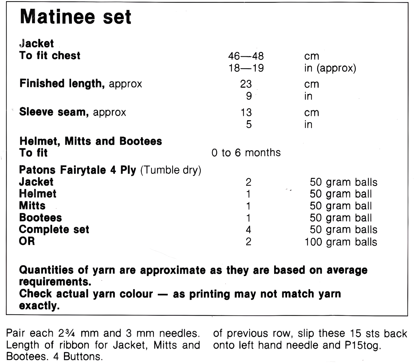 Materials and measurements for baby matinee set vintage 1980s knitting pattern – 4ply, 6–9 months